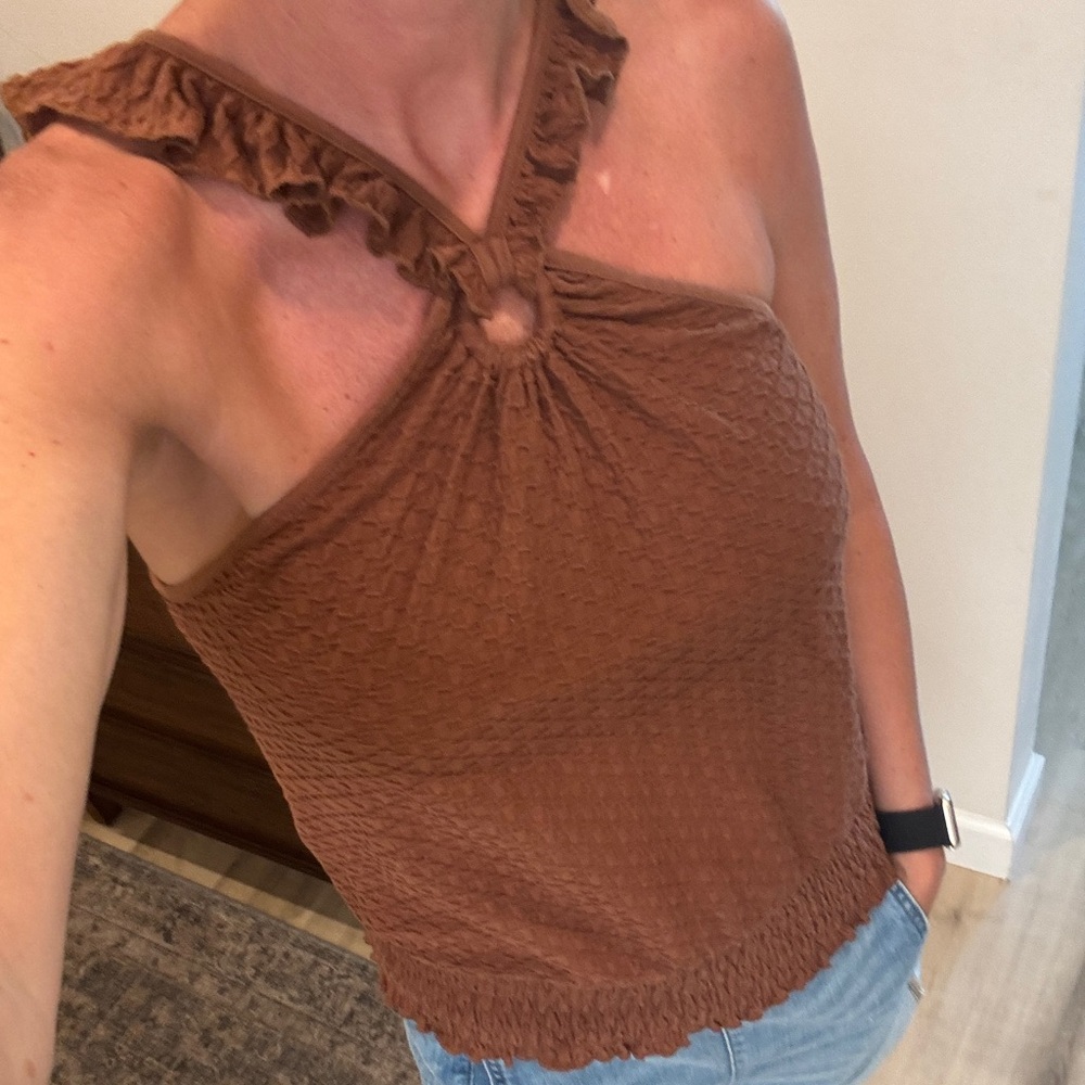 Anthropologie Brown Smocked Ruffle Tank Top - M